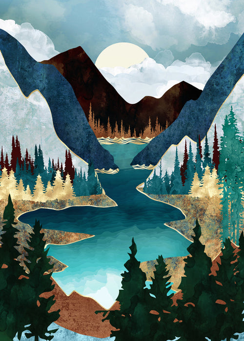 Landskabsplakat: sø mellem bjerge illustration