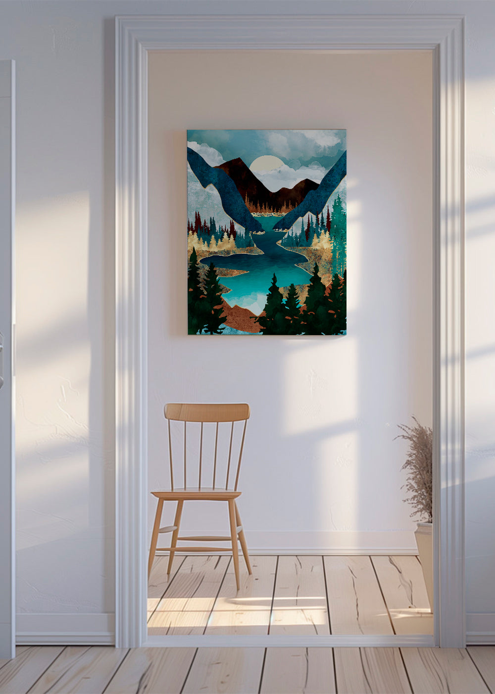 Landskabsplakat: sø mellem bjerge illustration
