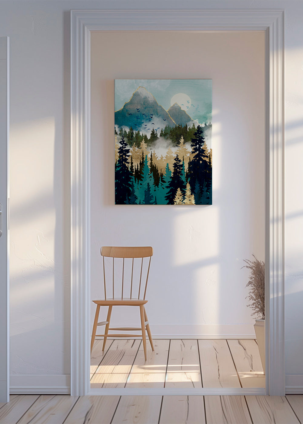 Landskabskunst med skov og forgyldte bjerge