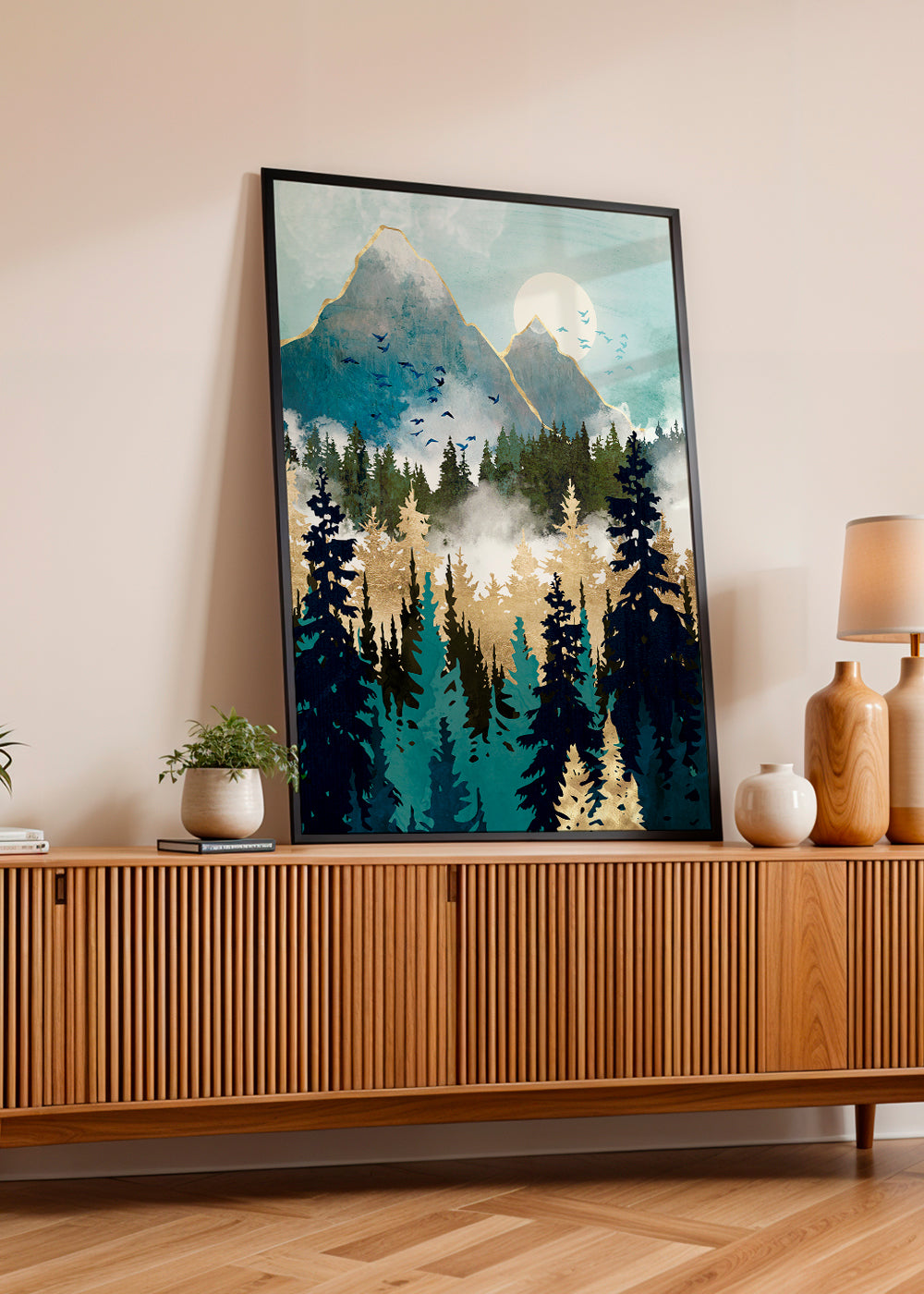 Landskabskunst med skov og forgyldte bjerge