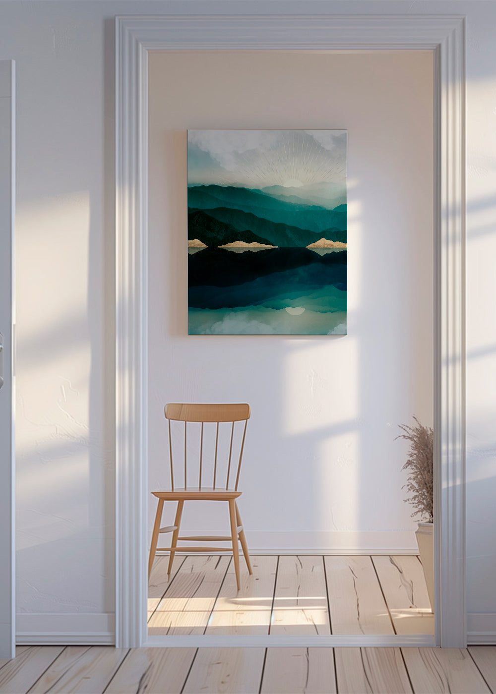 Landskabskunst med sørefleksion ved solopgang