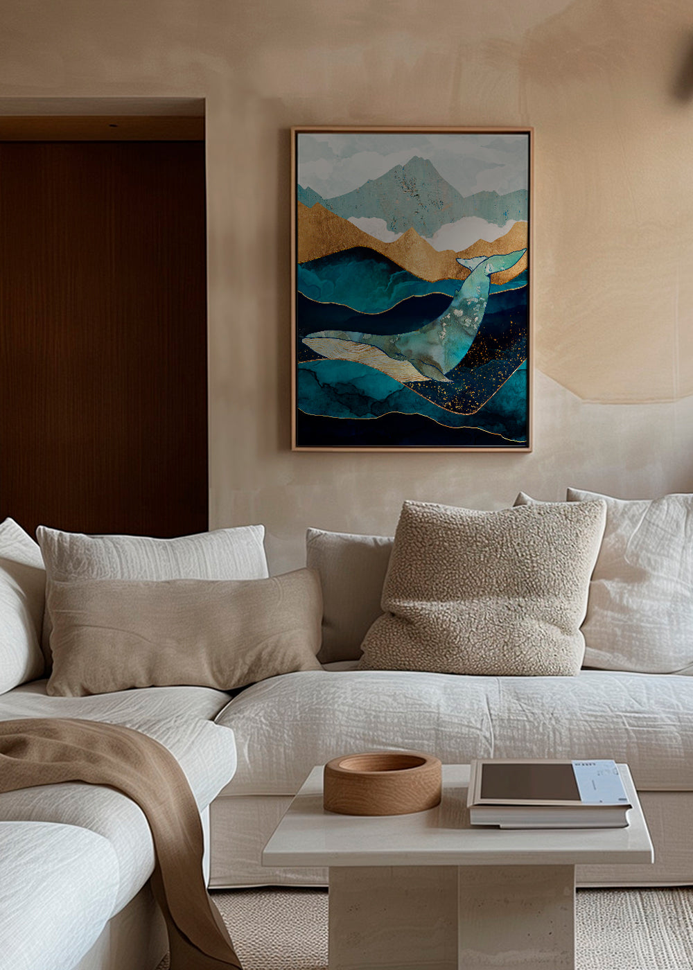 Kunst blaae hval over gyldne bølger