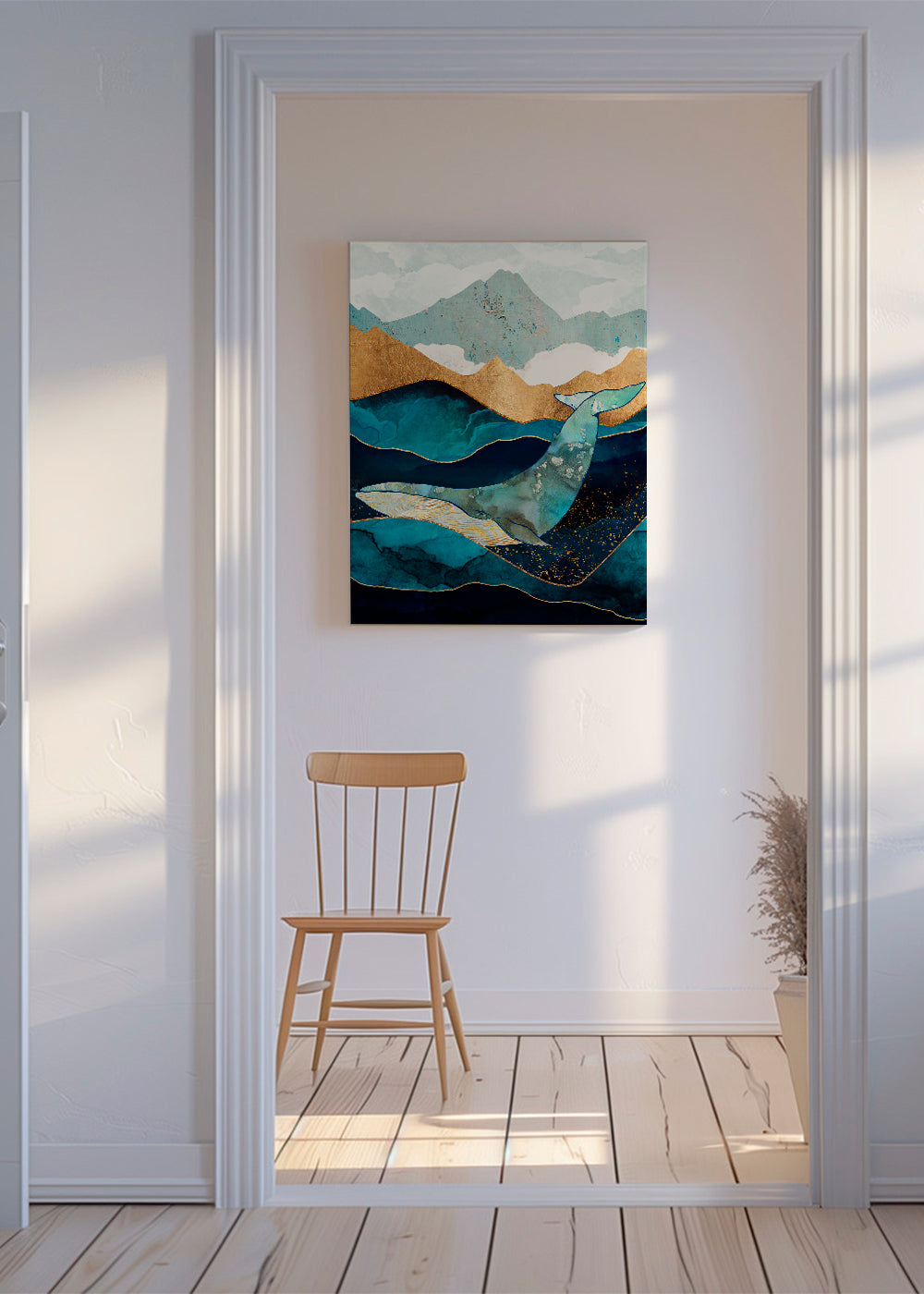 Kunst blaae hval over gyldne bølger