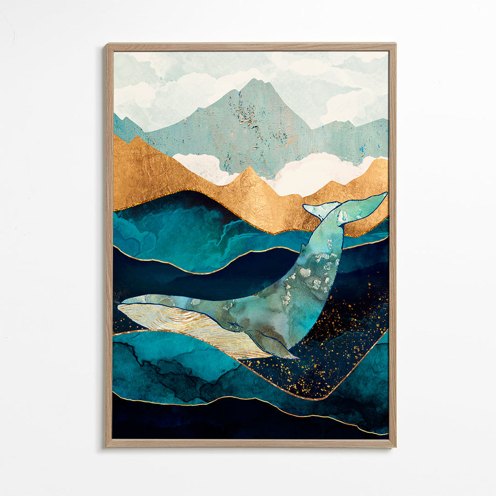 Kunst blaae hval over gyldne bølger