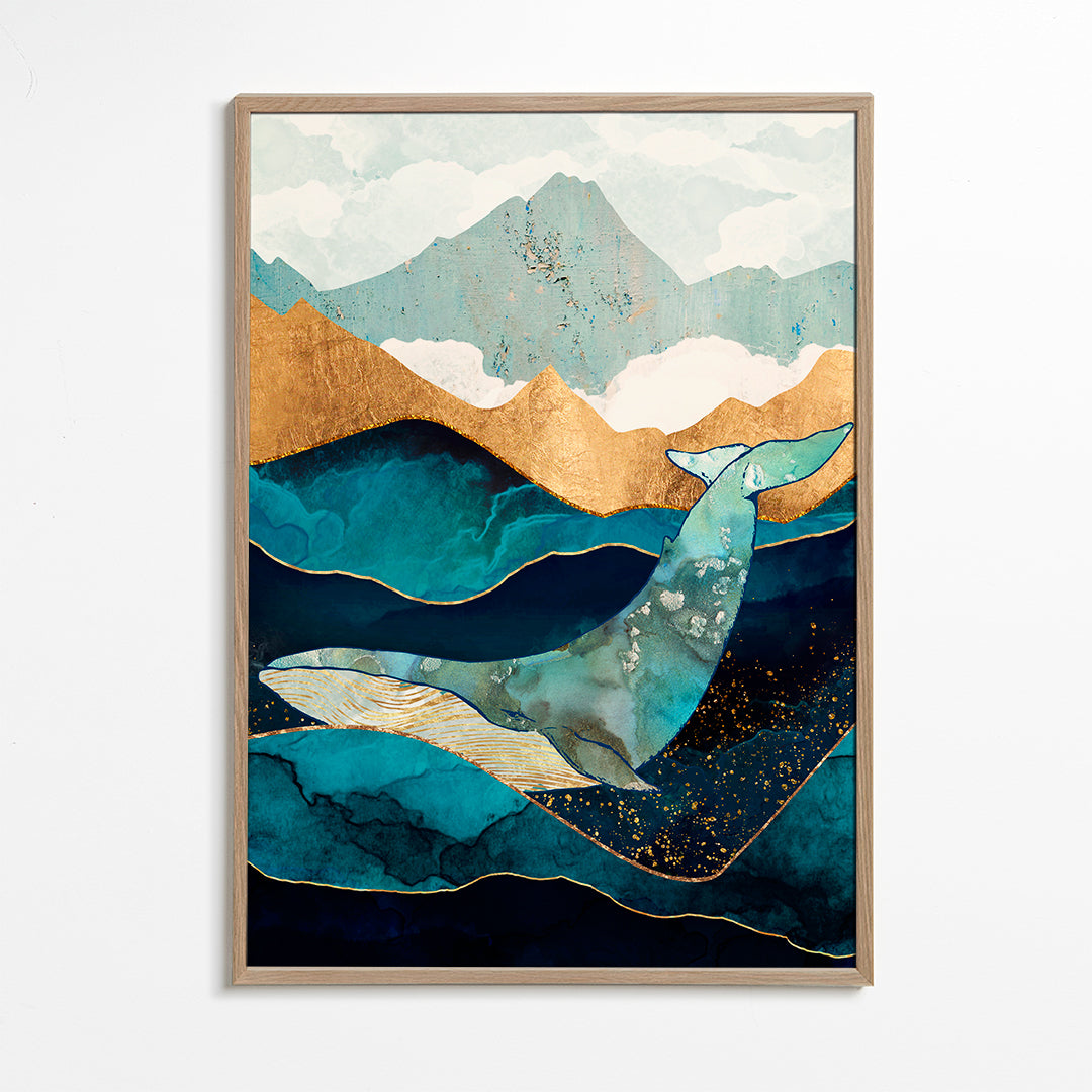 Kunst blaae hval over gyldne bølger