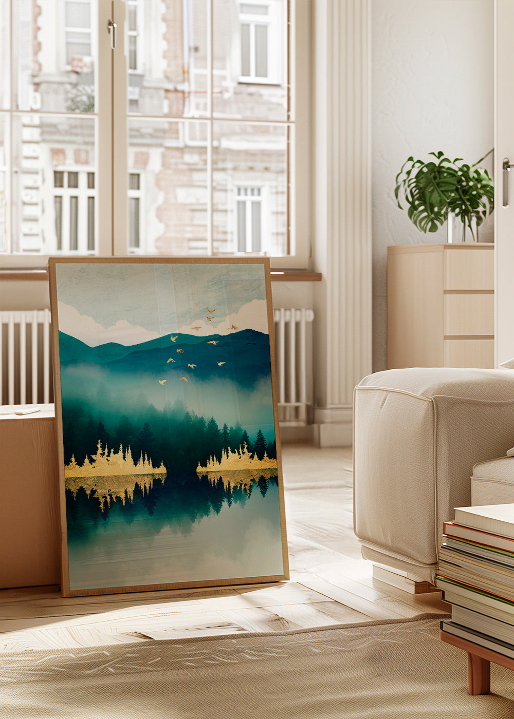 Landskabsmaleri med refleksion og gyldne accenter