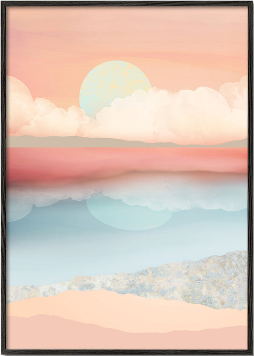 Landskabskunst i pastelfarver med solrefleksion