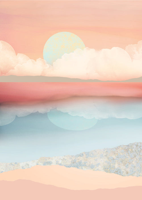 Landskabskunst i pastelfarver med solrefleksion