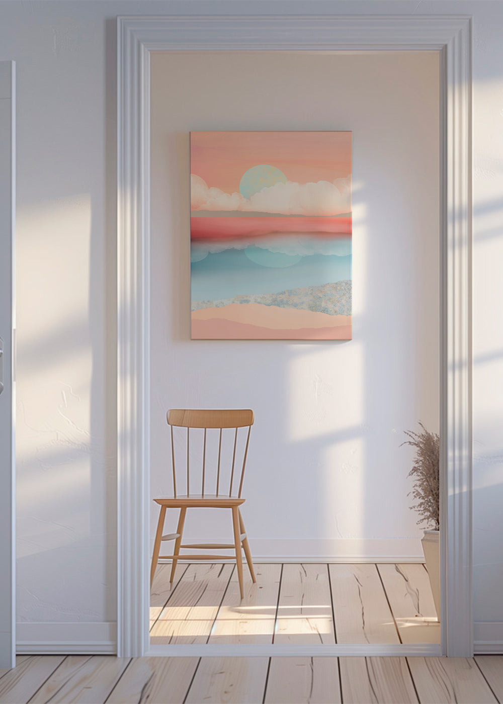 Landskabskunst i pastelfarver med solrefleksion