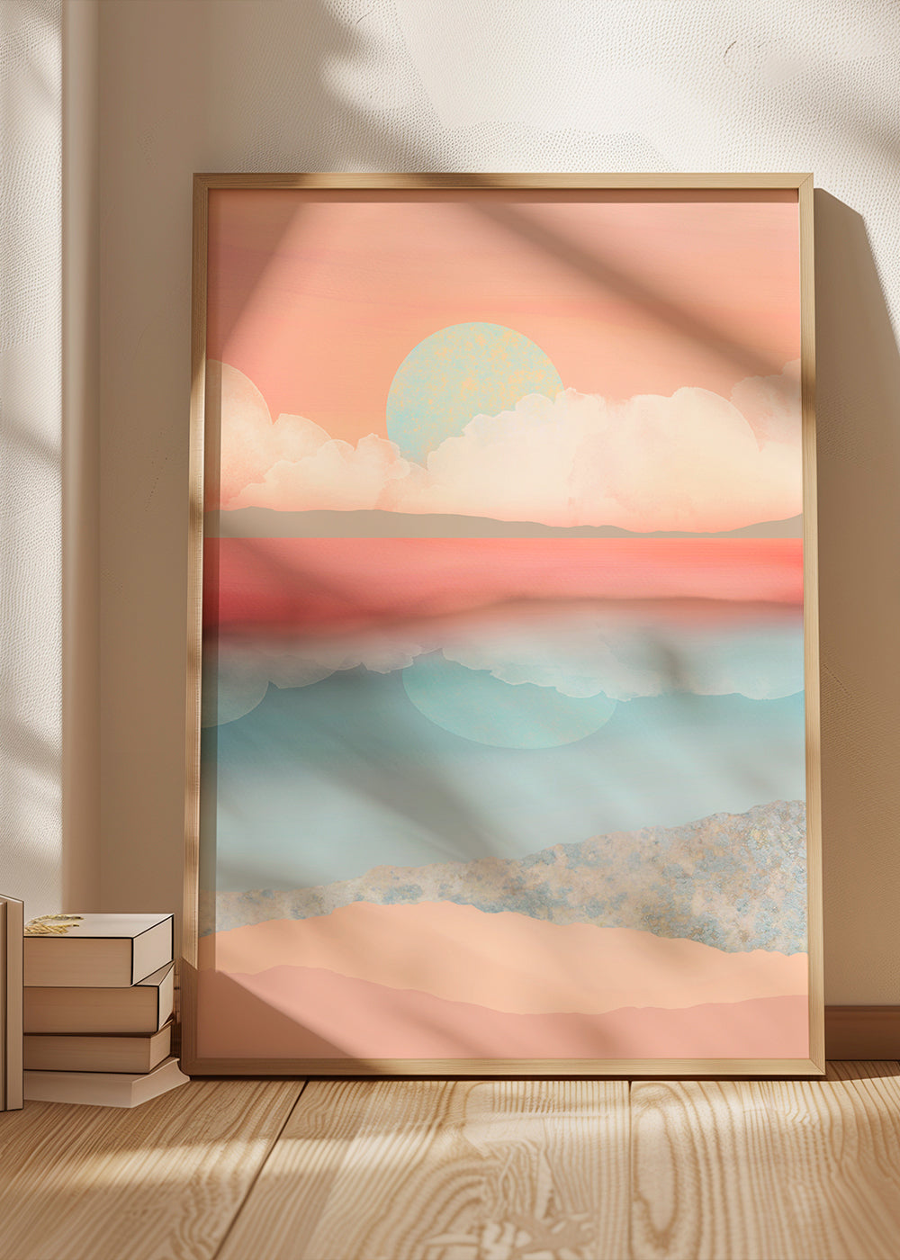 Landskabskunst i pastelfarver med solrefleksion