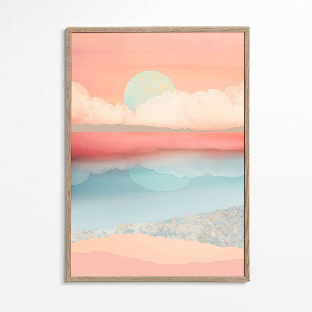 Landskabskunst i pastelfarver med solrefleksion