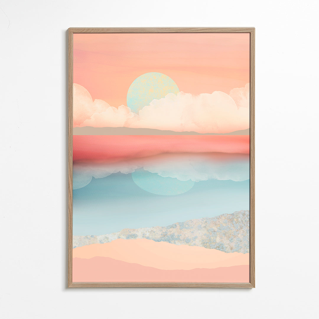 Landskabskunst i pastelfarver med solrefleksion