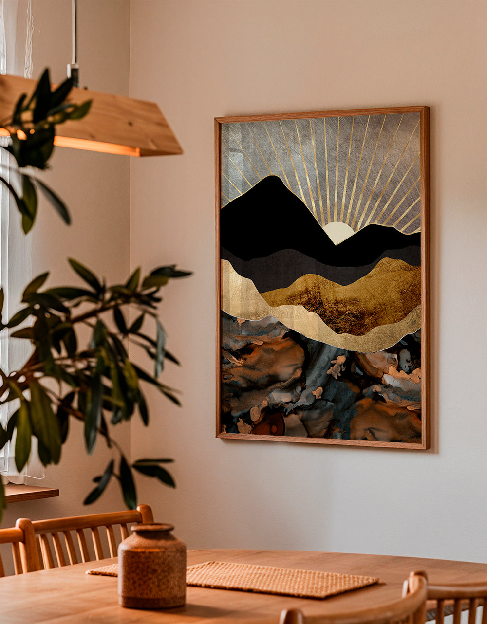 Landskabsmaleri med gyldne bjerge