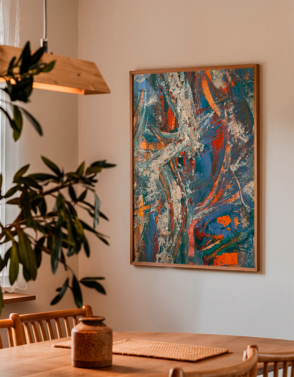 Abstrakt billede med blå og orange strøg