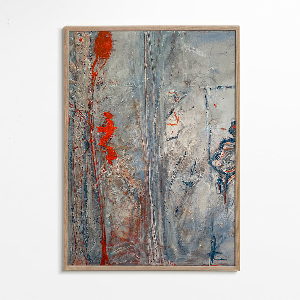 Abstrakt vertikal med grå teksturer og røde accenter