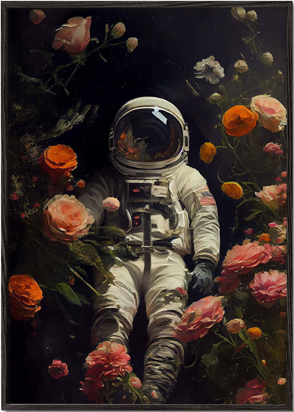 Botanisk plakat: astronaut blandt blomster