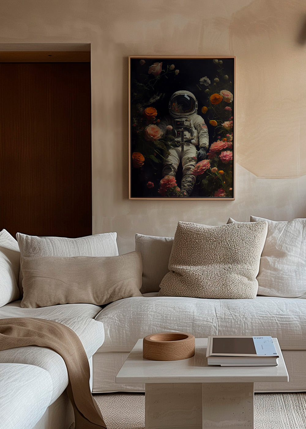 Botanisk plakat: astronaut blandt blomster
