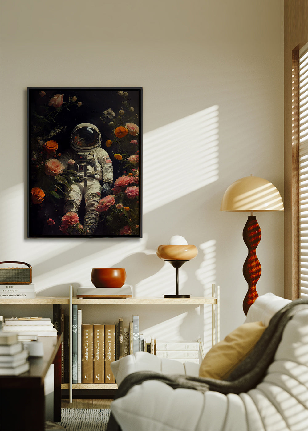 Botanisk plakat: astronaut blandt blomster