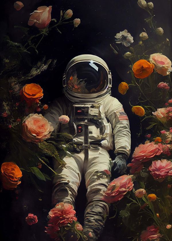 Botanisk plakat: astronaut blandt blomster
