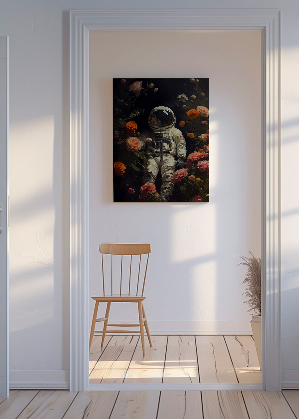 Botanisk plakat: astronaut blandt blomster