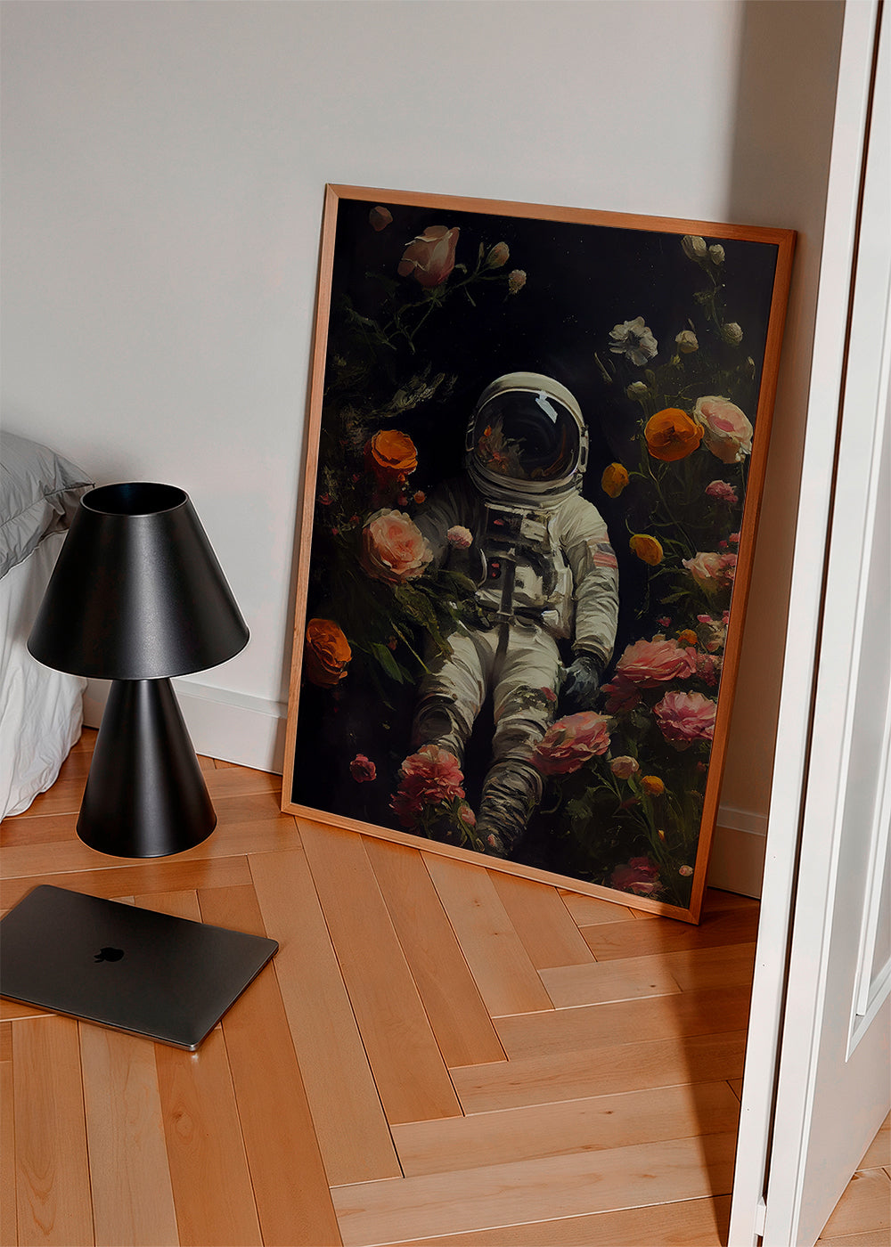Botanisk plakat: astronaut blandt blomster