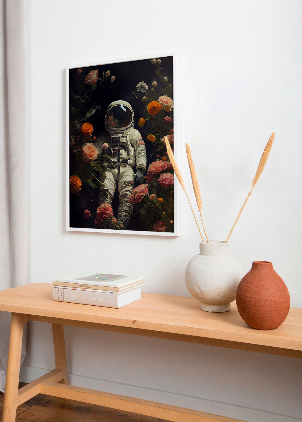Botanisk plakat: astronaut blandt blomster