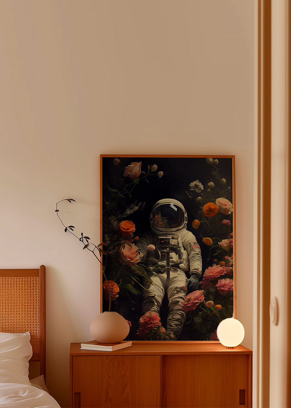 Botanisk plakat: astronaut blandt blomster
