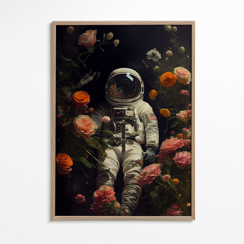 Botanisk plakat: astronaut blandt blomster