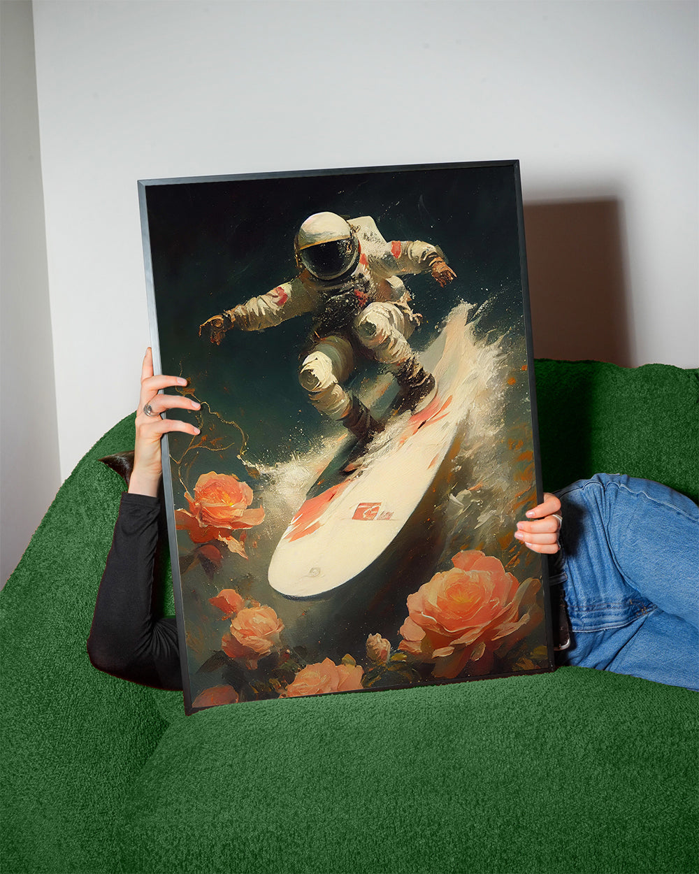 Abstrakt kunst astronaut surfer på kosmisk bølge