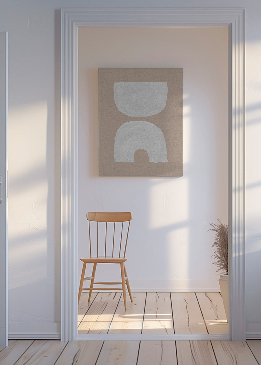 Minimalistiske hvide former på beige baggrund