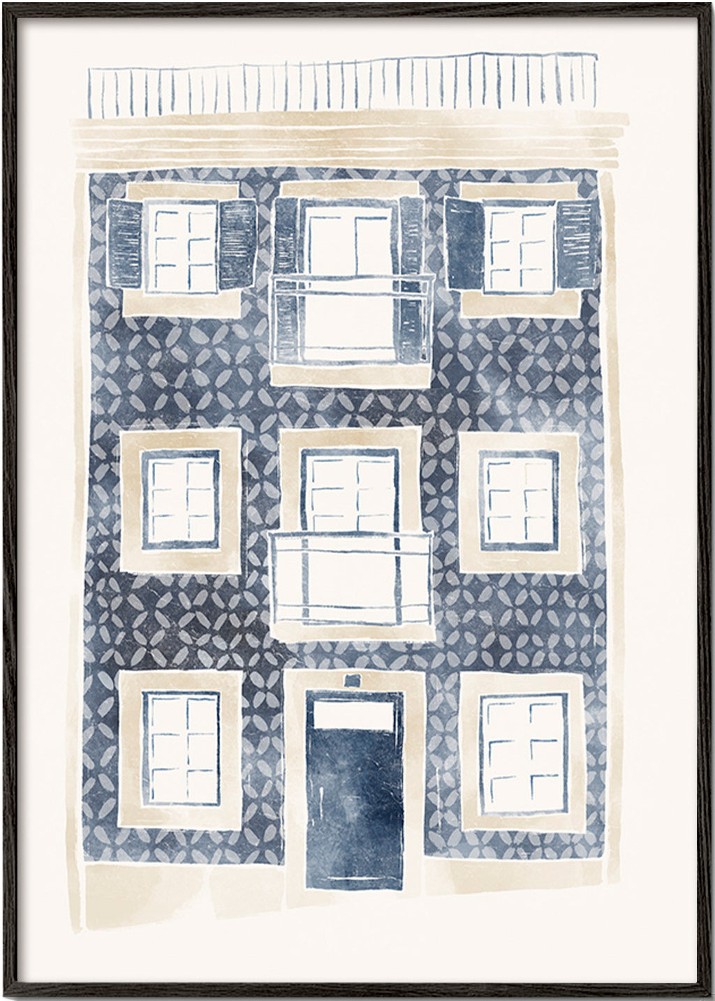 Illustration af blå facade med altaner – Black Frame