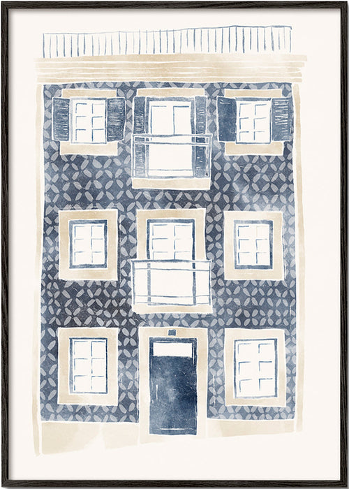Illustration af blå facade med altaner – Black Frame