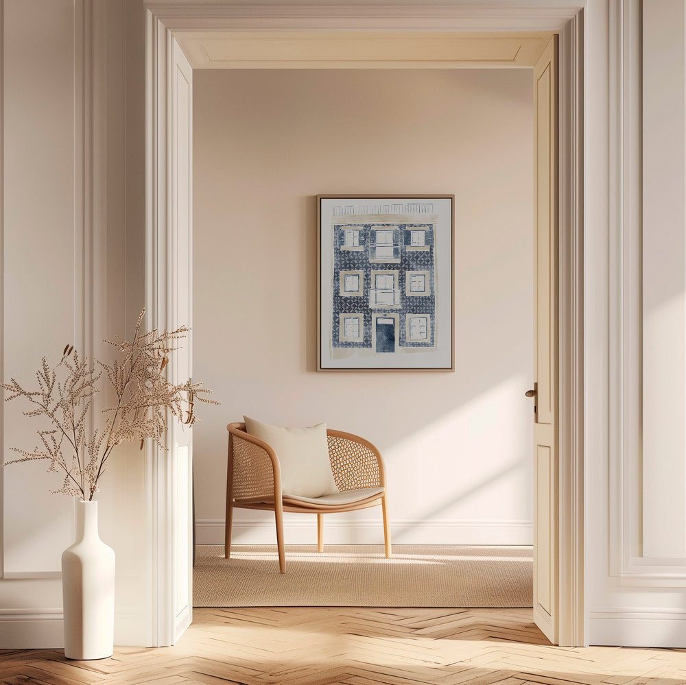 Illustration af blå facade med altaner – Canvas1