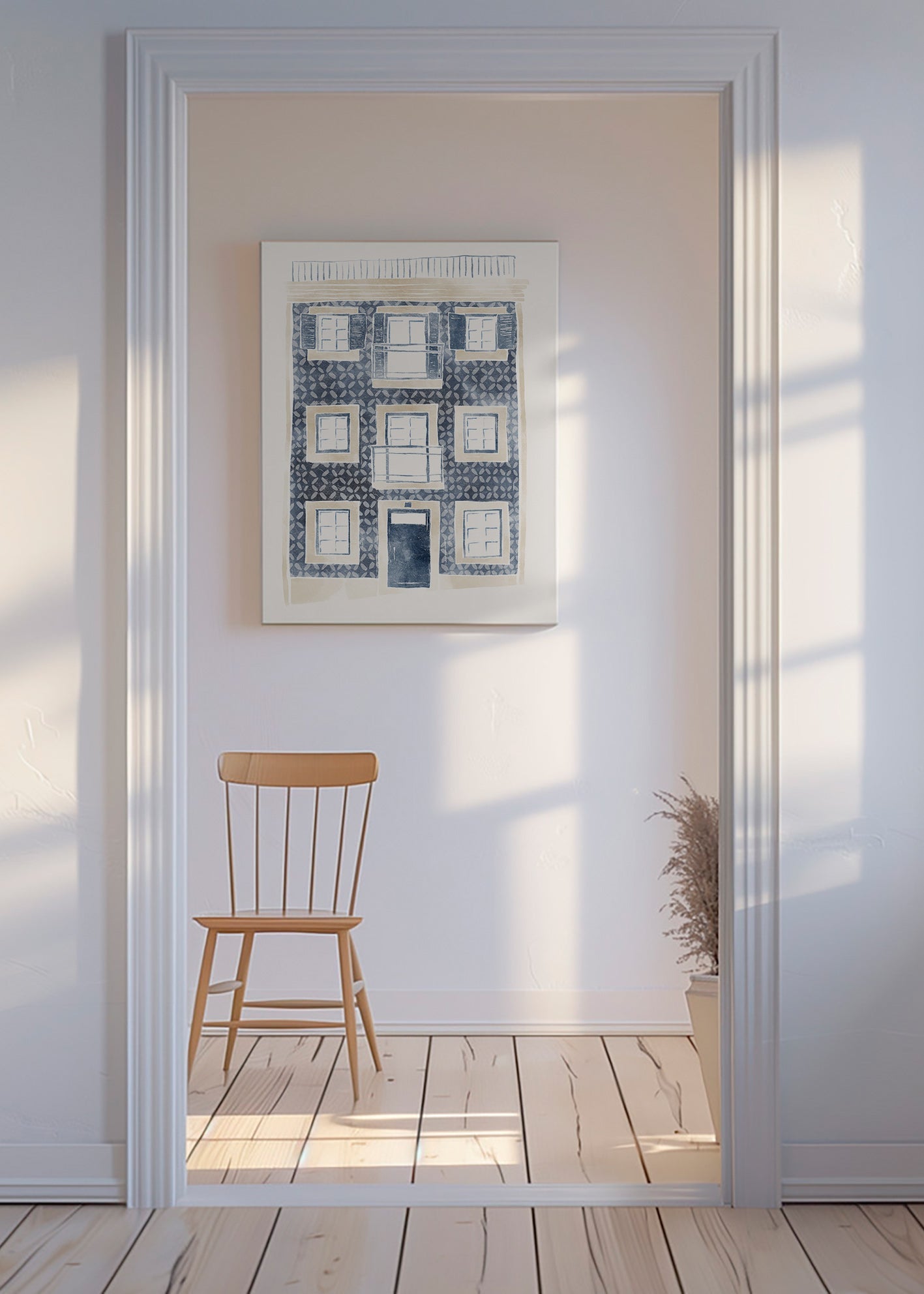 Illustration af blå facade med altaner – Canvas