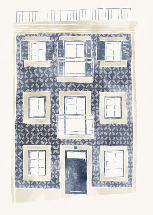Illustration af blå facade med altaner