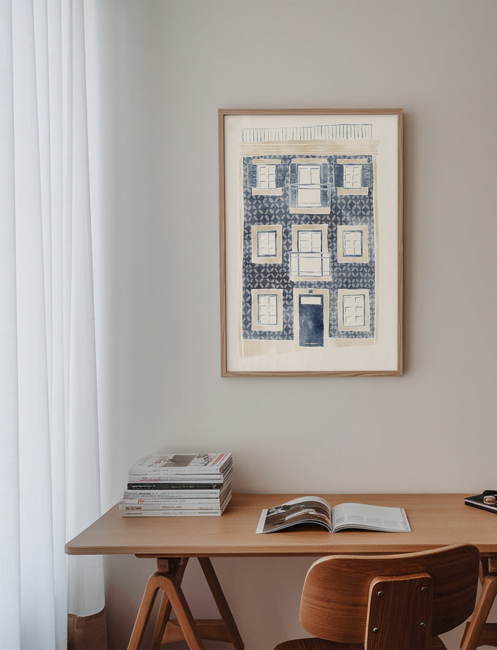 Illustration af blå facade med altaner – Product2