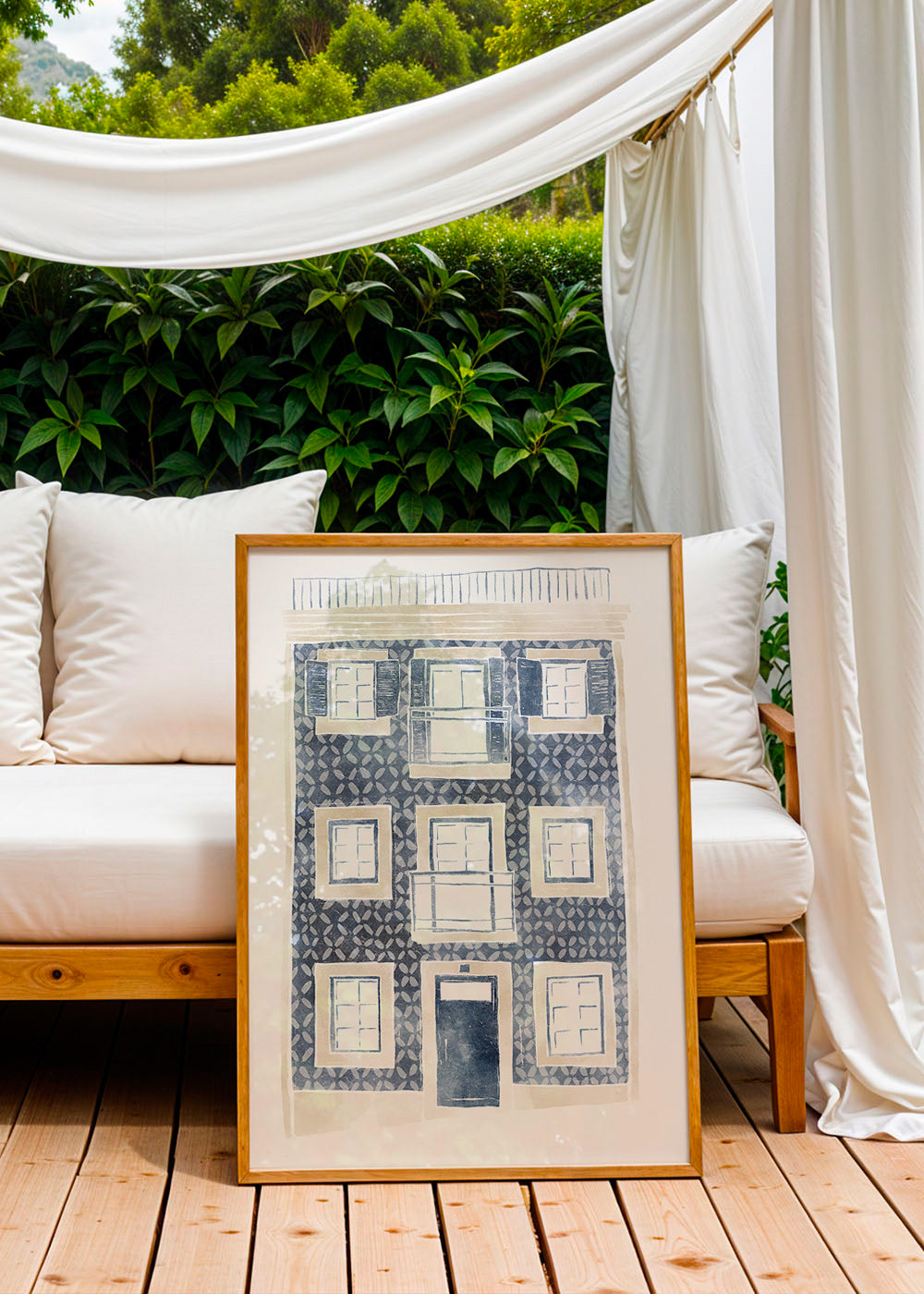 Illustration af blå facade med altaner – Product3