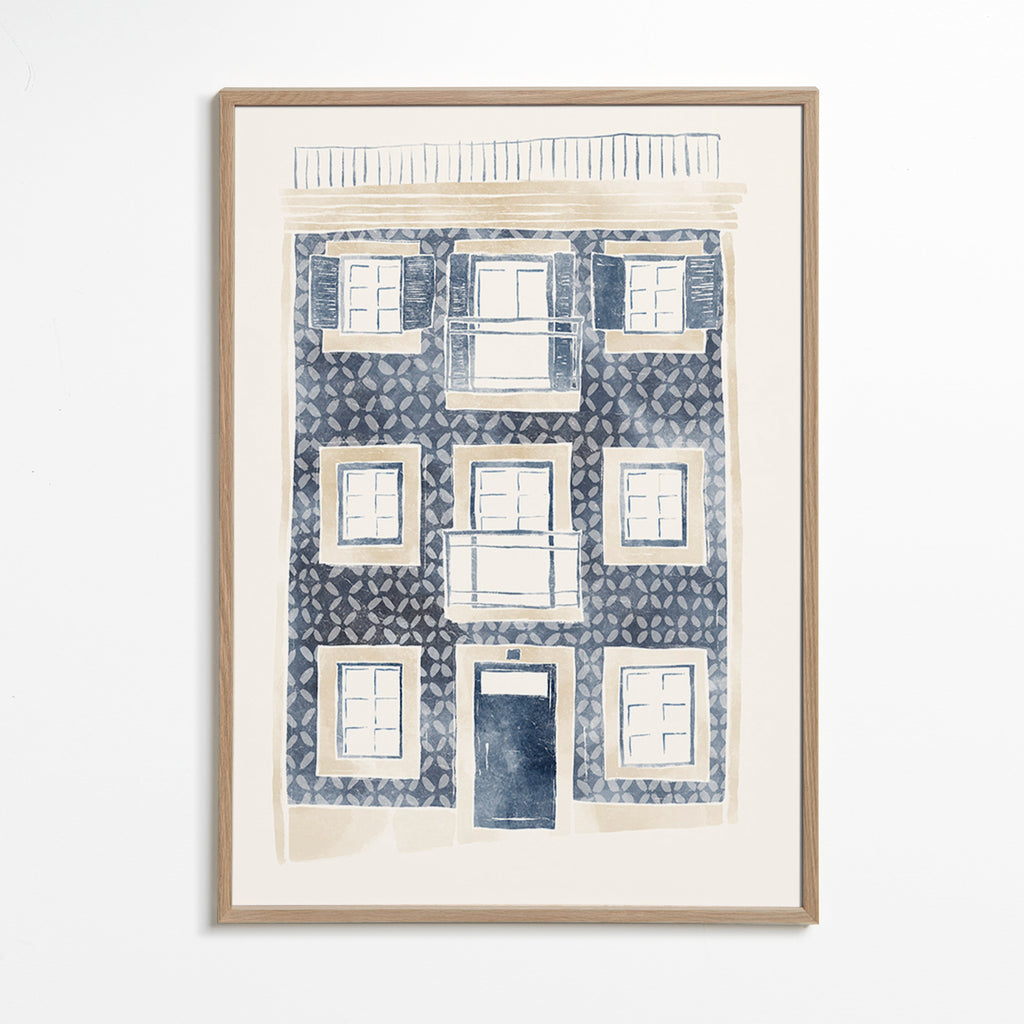Illustration af blå facade med altaner – Oak Frame