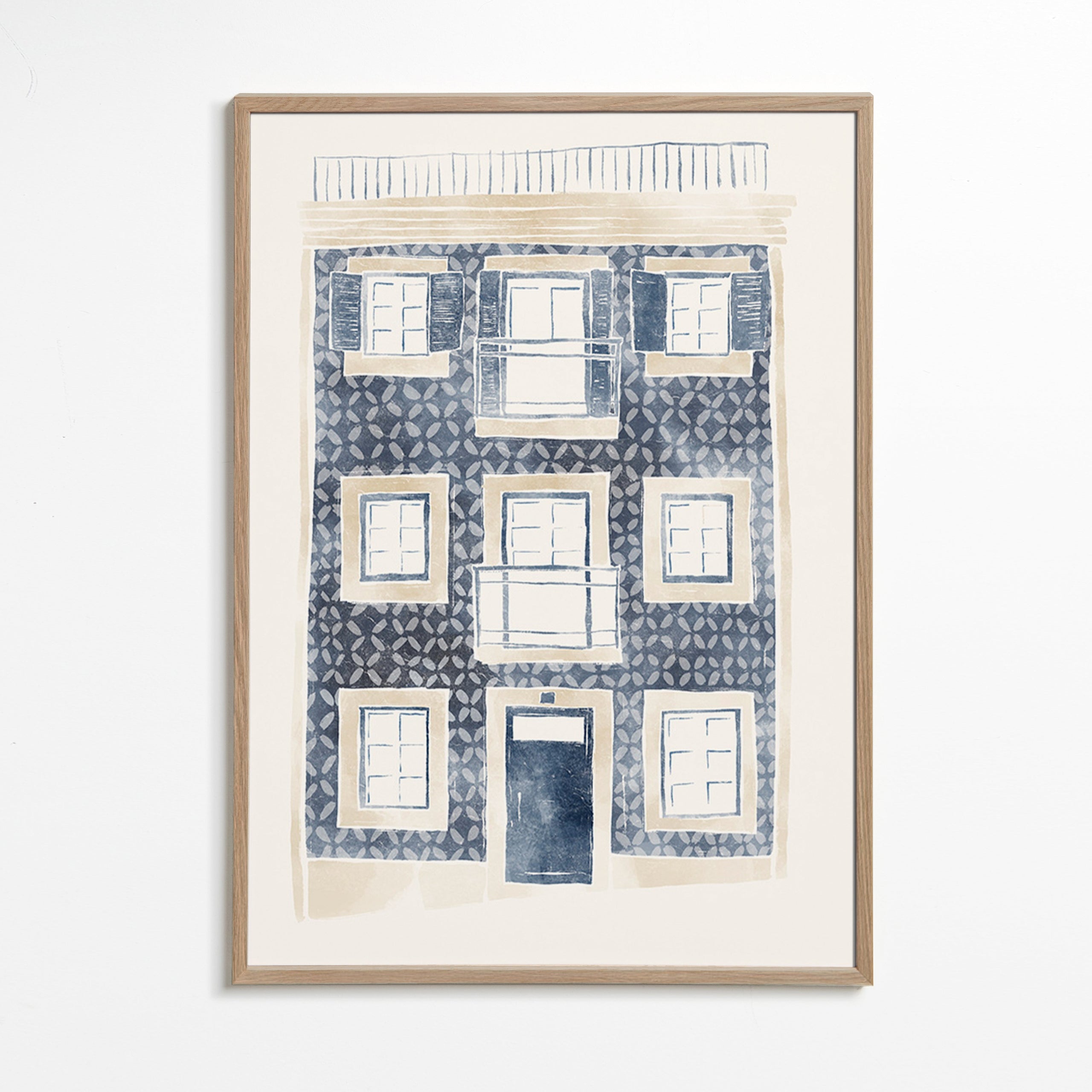Illustration af blå facade med altaner – Oak Frame