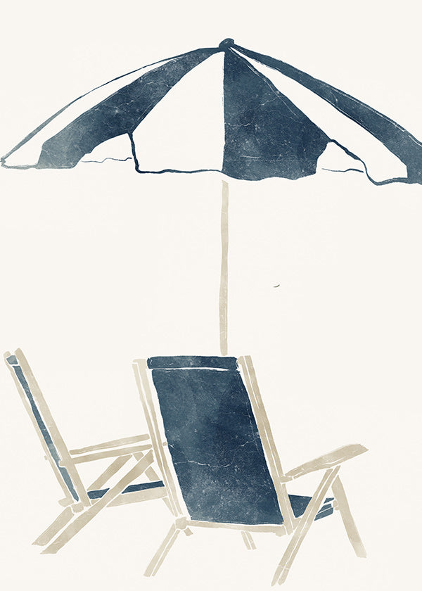 Landskabskunst med parasol og liggestole