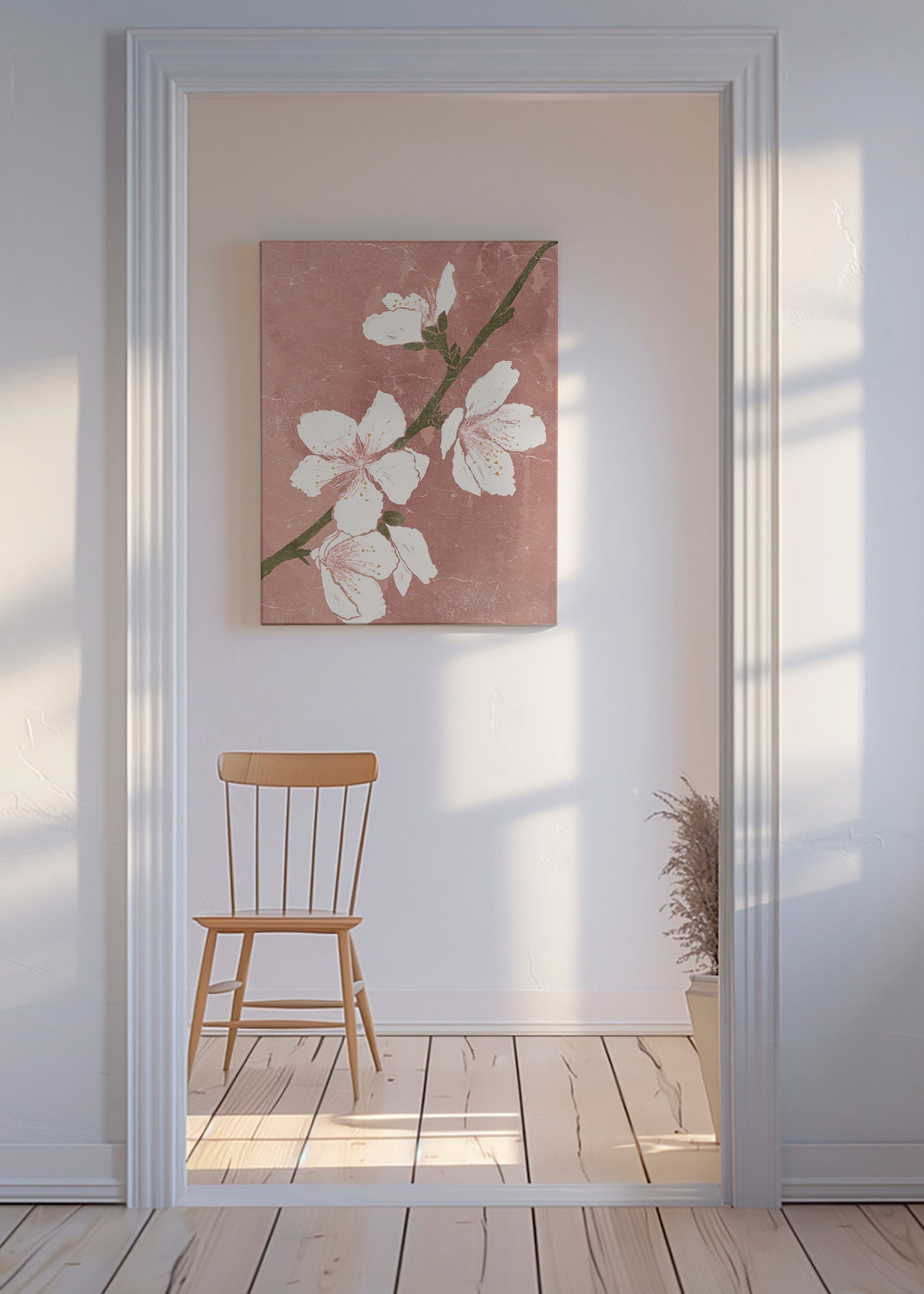 Botanisk plakat med blomst på lyserød baggrund – Canvas