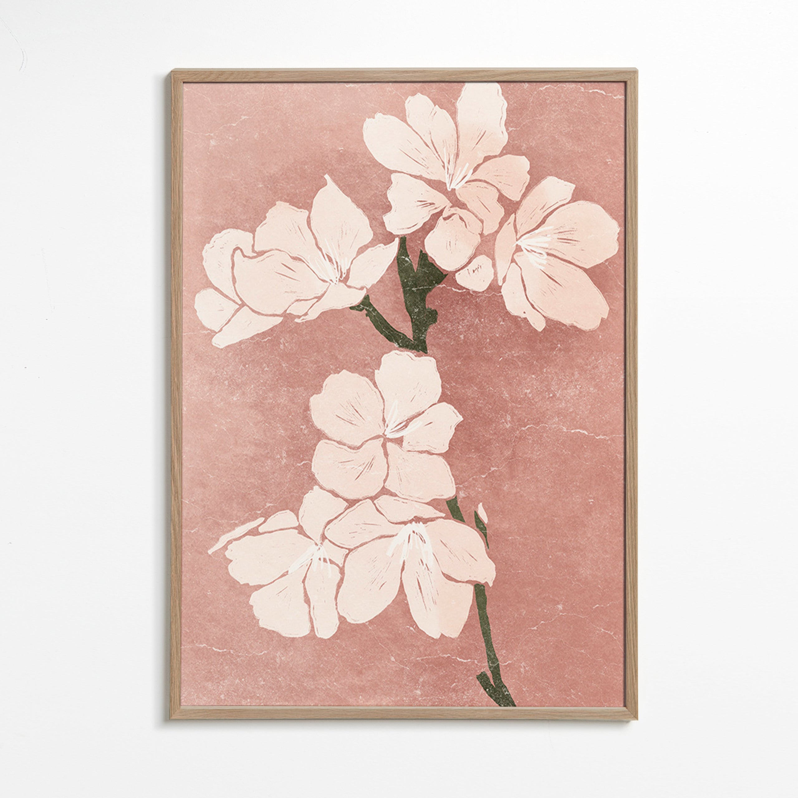 Botanisk plakat med rosa blomster og vintage tekstur – Oak Frame