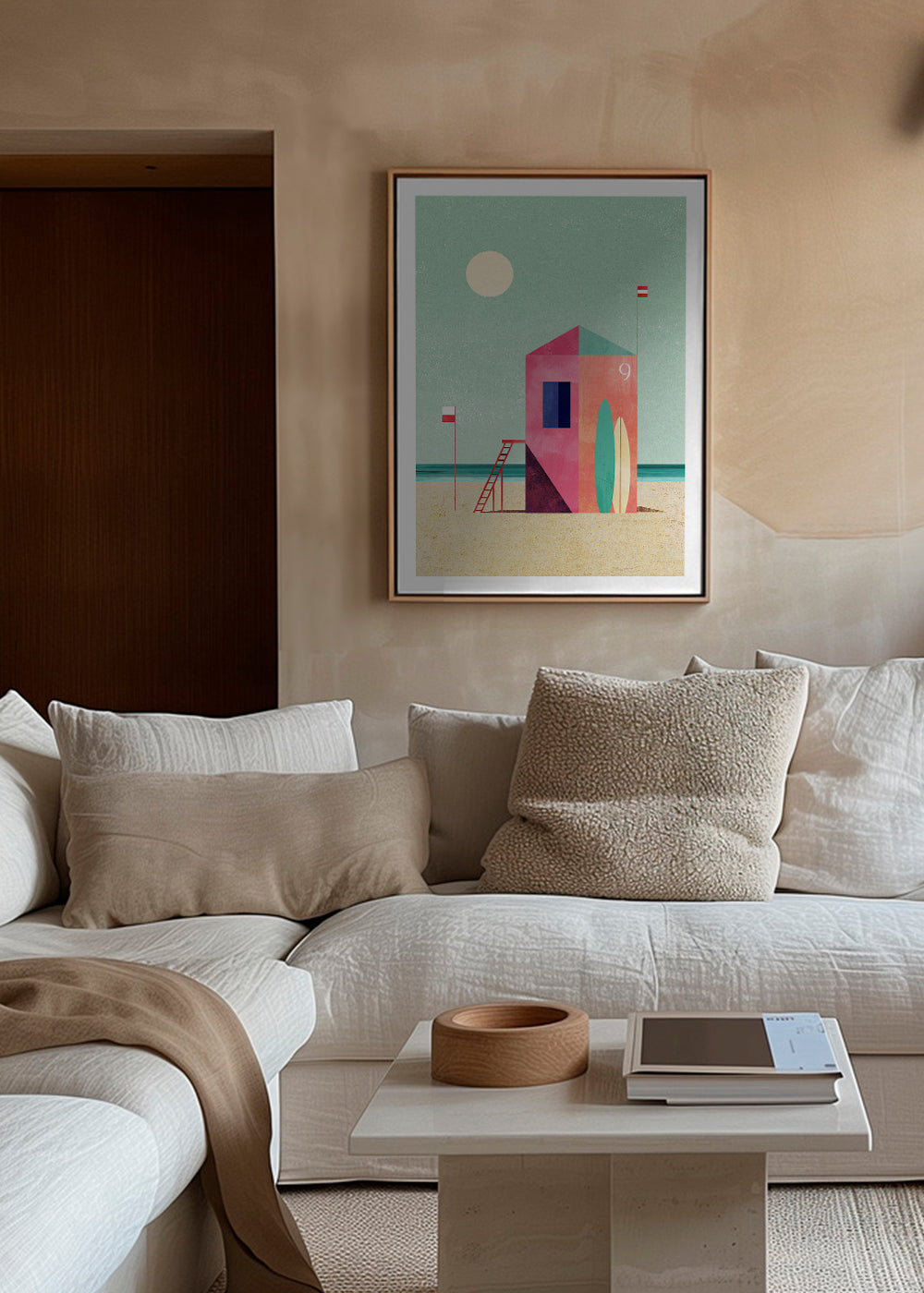 Surf-hytte illustration i pastelfarver