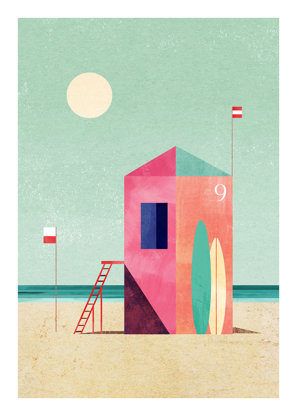 Surf-hytte illustration i pastelfarver