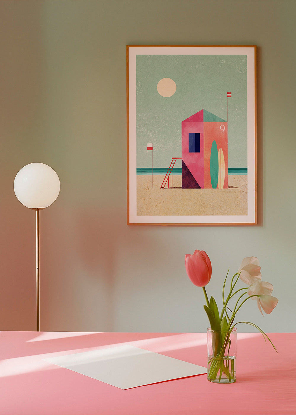 Surf-hytte illustration i pastelfarver
