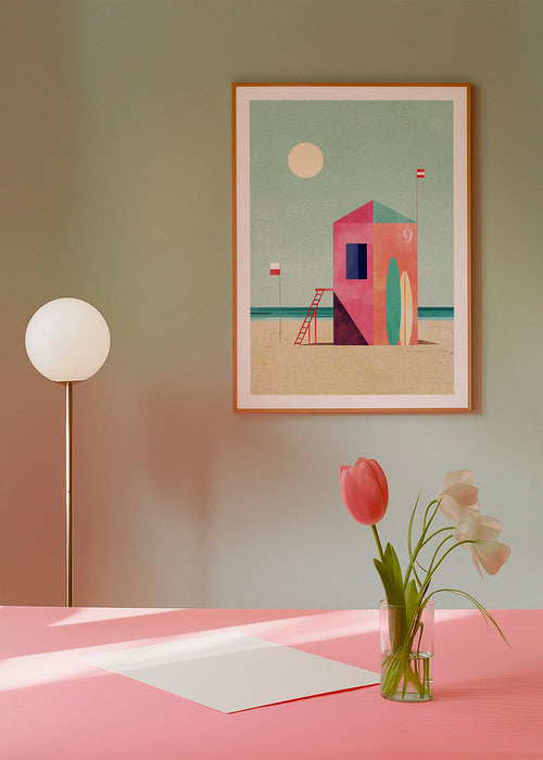 Surf-hytte illustration i pastelfarver