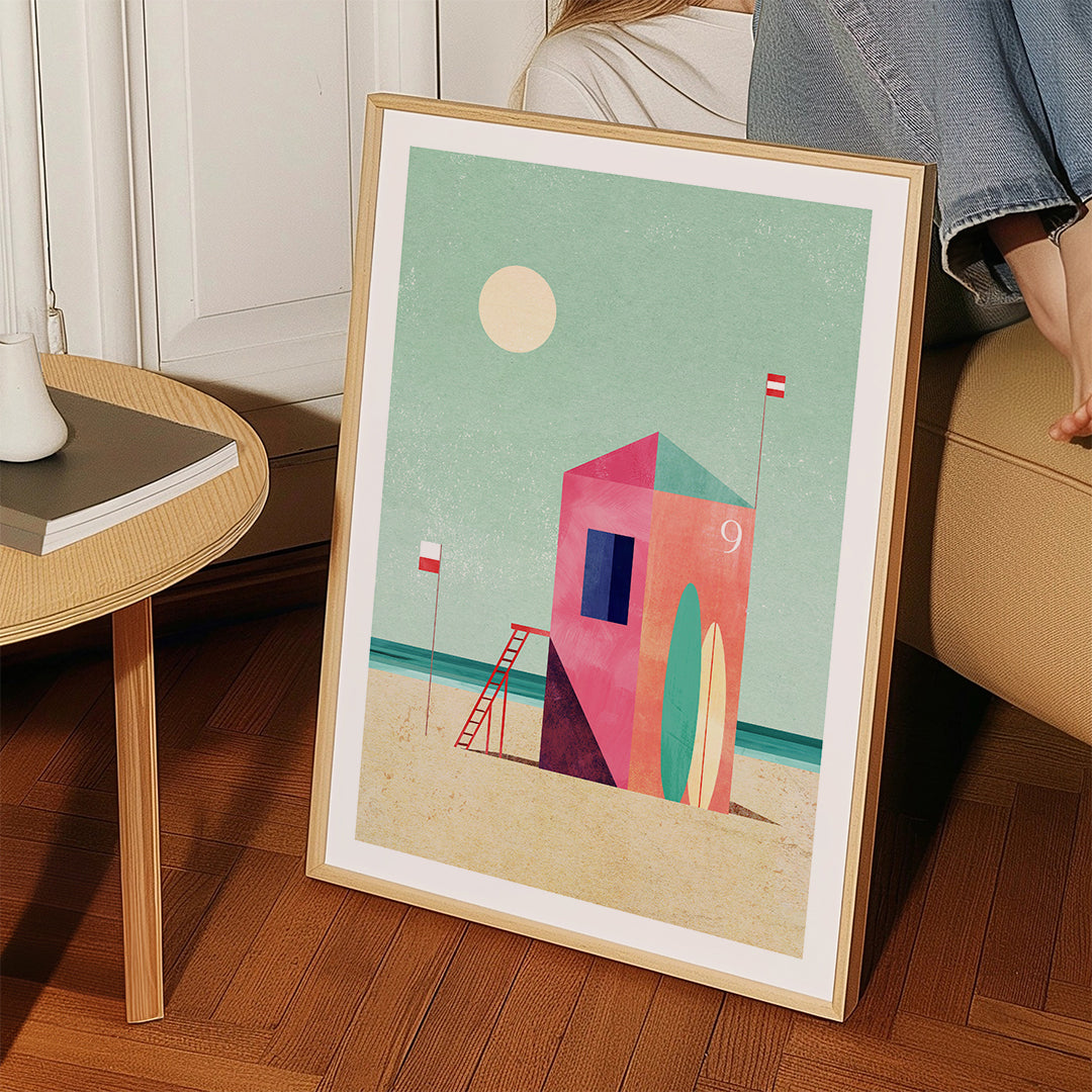 Surf-hytte illustration i pastelfarver
