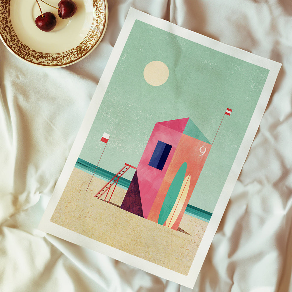 Surf-hytte illustration i pastelfarver