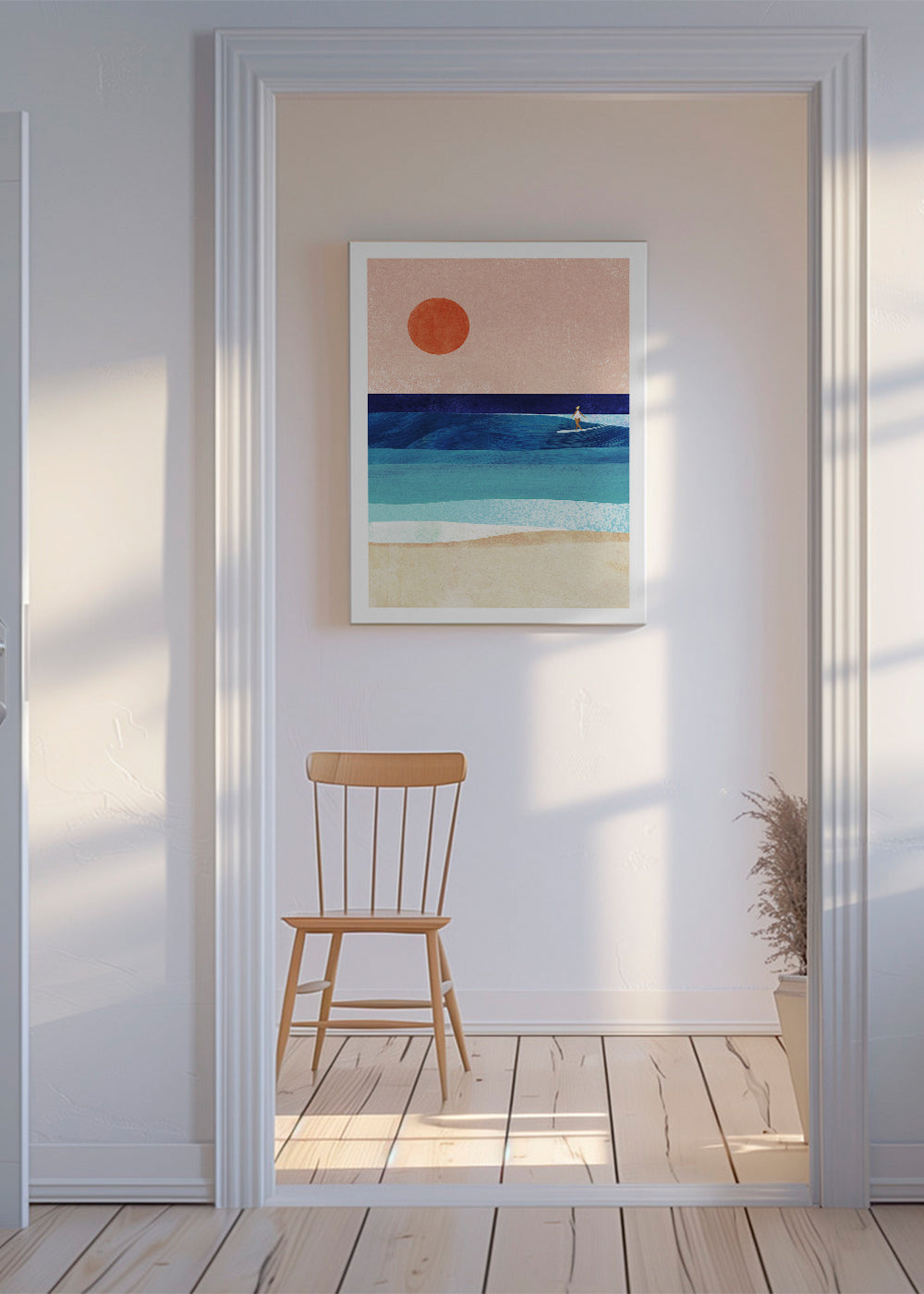 Surf-kunst: Surf-pige på minimal bølge