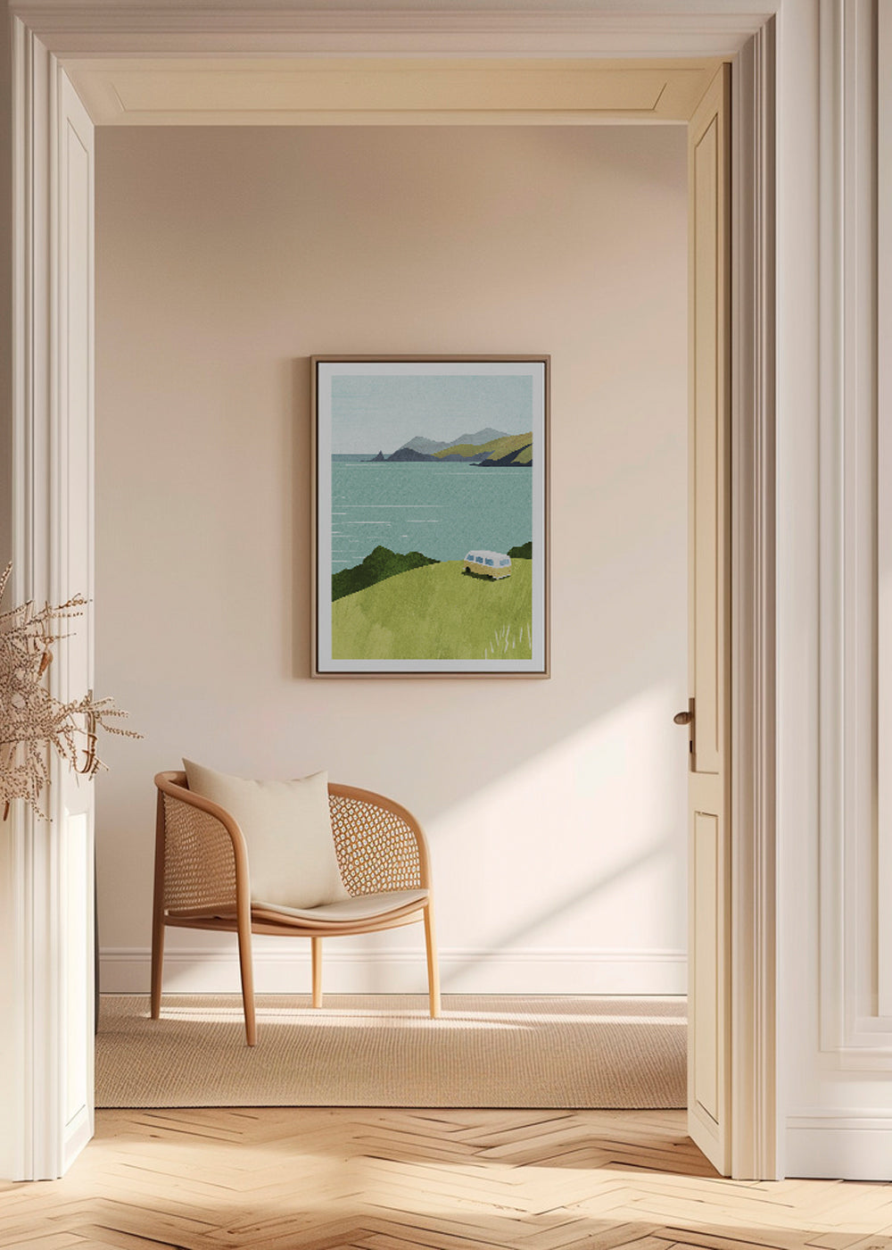 Landskabstryks med varebil ved havet